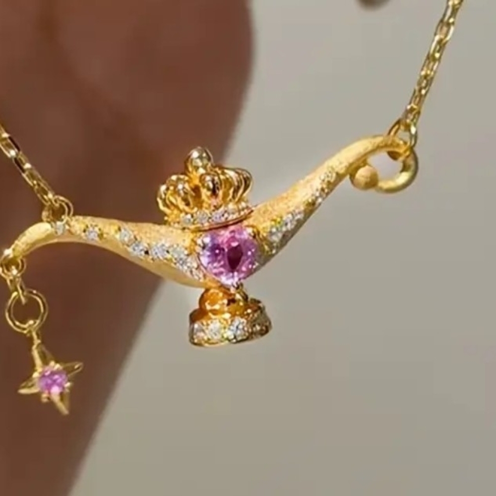 Gold Plated Titanium and Pink Jeweled Lamp Pendant Necklace